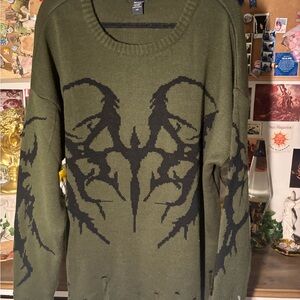 Olive Green Sweater with Black Graphic Design